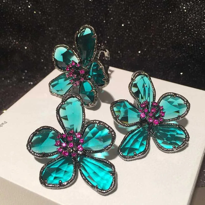 Crystal Flower Stud Earrings Brooch Ring Jewelry for Women Vintage Party Gift