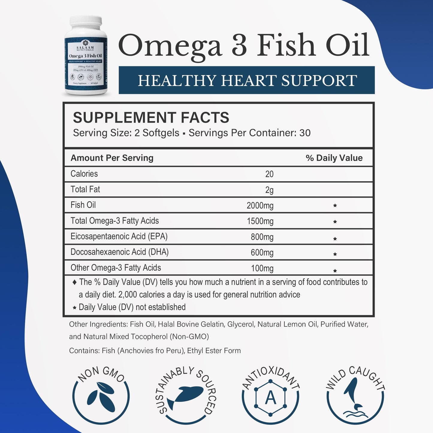 Halal Fish Oil 2000mg Omega-3 Soft Gels with EPA & DHA - 60 Count | Salaam Nutritionals - Concordia Style Boutique