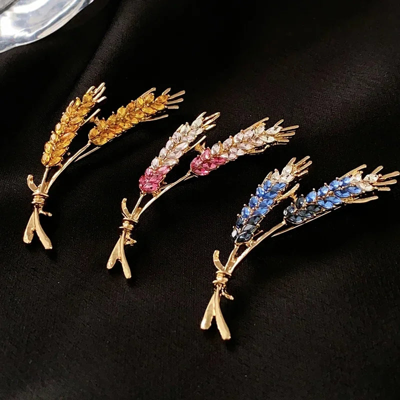 Wheat Sheaf Cubic Zirconia Gold Brooch Crystal Jewelry