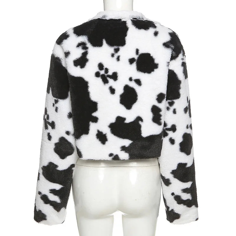 Cow Print Faux Furry Cropped Coat - Concordia Style Boutique