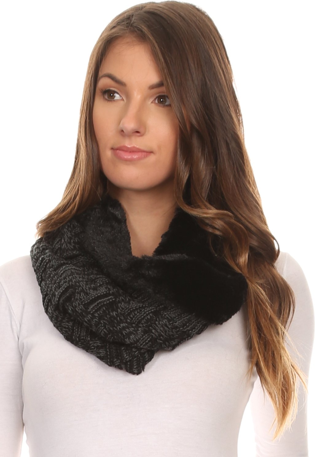 Sakkas Dalien Short Length Two Sided Faux Fur Ribbed Cable Knit Infinity Scarf - Concordia Style Boutique