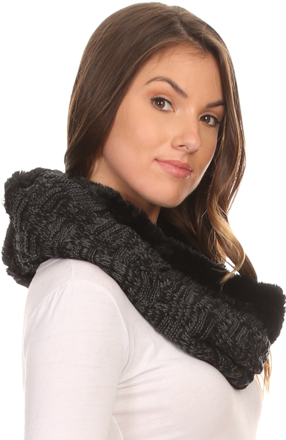 Sakkas Dalien Short Length Two Sided Faux Fur Ribbed Cable Knit Infinity Scarf - Concordia Style Boutique