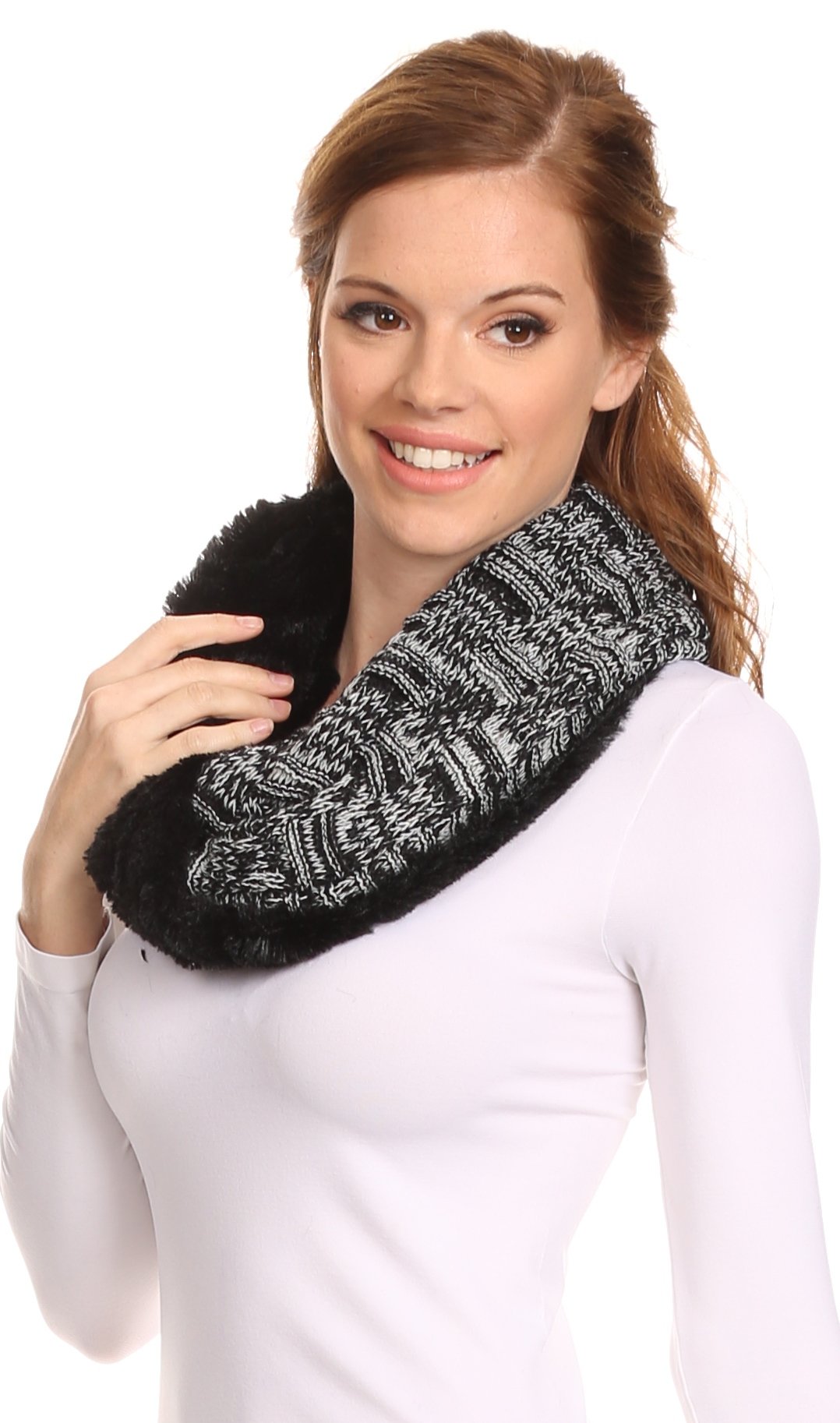 Sakkas Dalien Short Length Two Sided Faux Fur Ribbed Cable Knit Infinity Scarf - Concordia Style Boutique