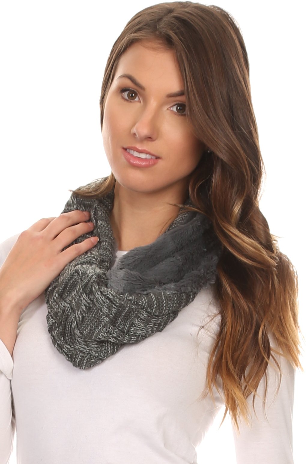 Sakkas Dalien Short Length Two Sided Faux Fur Ribbed Cable Knit Infinity Scarf - Concordia Style Boutique