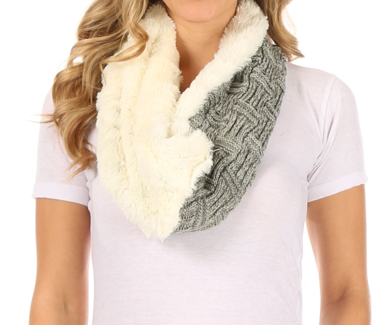 Sakkas Dalien Short Length Two Sided Faux Fur Ribbed Cable Knit Infinity Scarf - Concordia Style Boutique