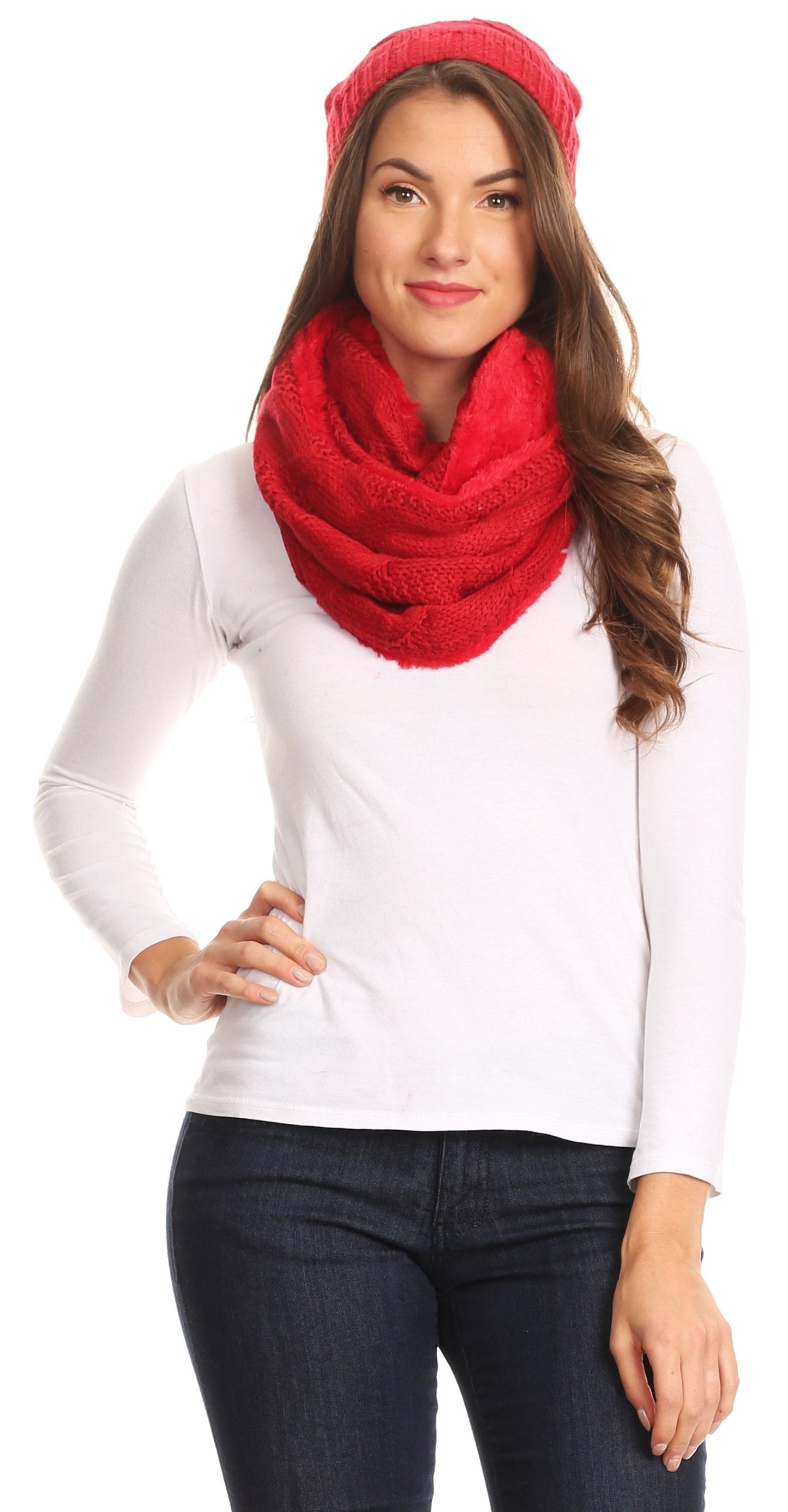 Sakkas Olliey Long Wide Classic Cable Knit Fur Lined Infinity Scarf And Hat Set - Concordia Style Boutique