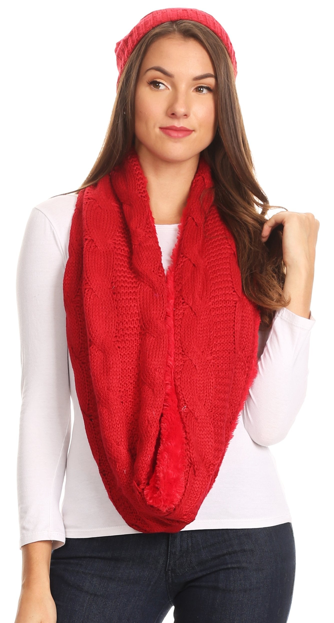 Sakkas Olliey Long Wide Classic Cable Knit Fur Lined Infinity Scarf And Hat Set - Concordia Style Boutique
