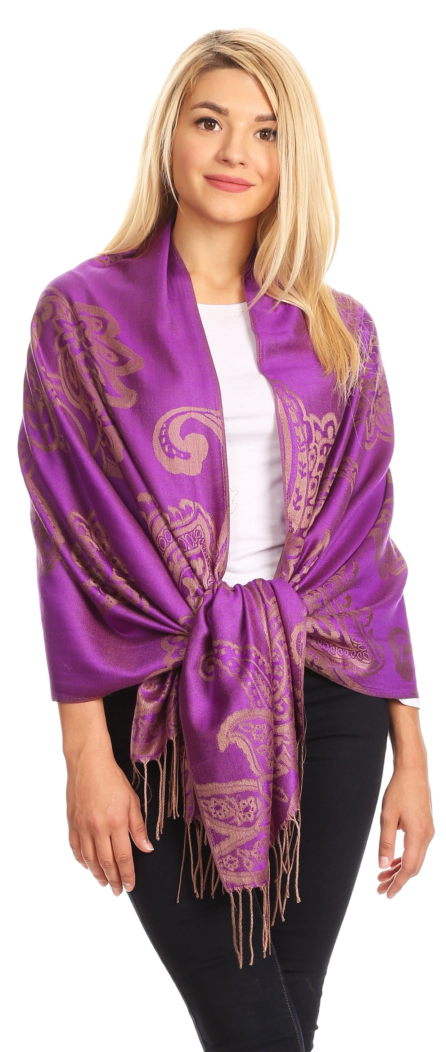 Sakkas Sarah Reversible Silky Soft Brocade Scarf Shawl Stole with Fringe - Concordia Style Boutique