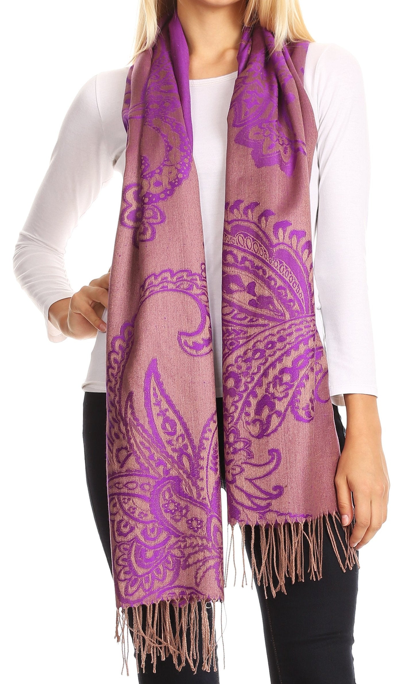 Sakkas Sarah Reversible Silky Soft Brocade Scarf Shawl Stole with Fringe - Concordia Style Boutique