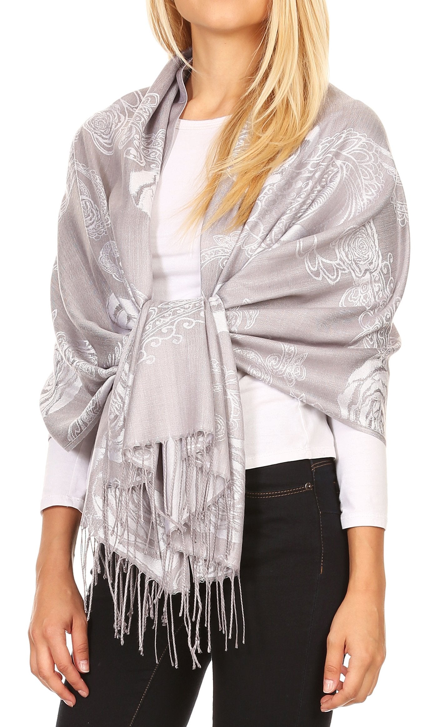 Sakkas Tessa Reversible Rose Brocade Warm Soft Scarf Wrap Stole with Fringe - Concordia Style Boutique