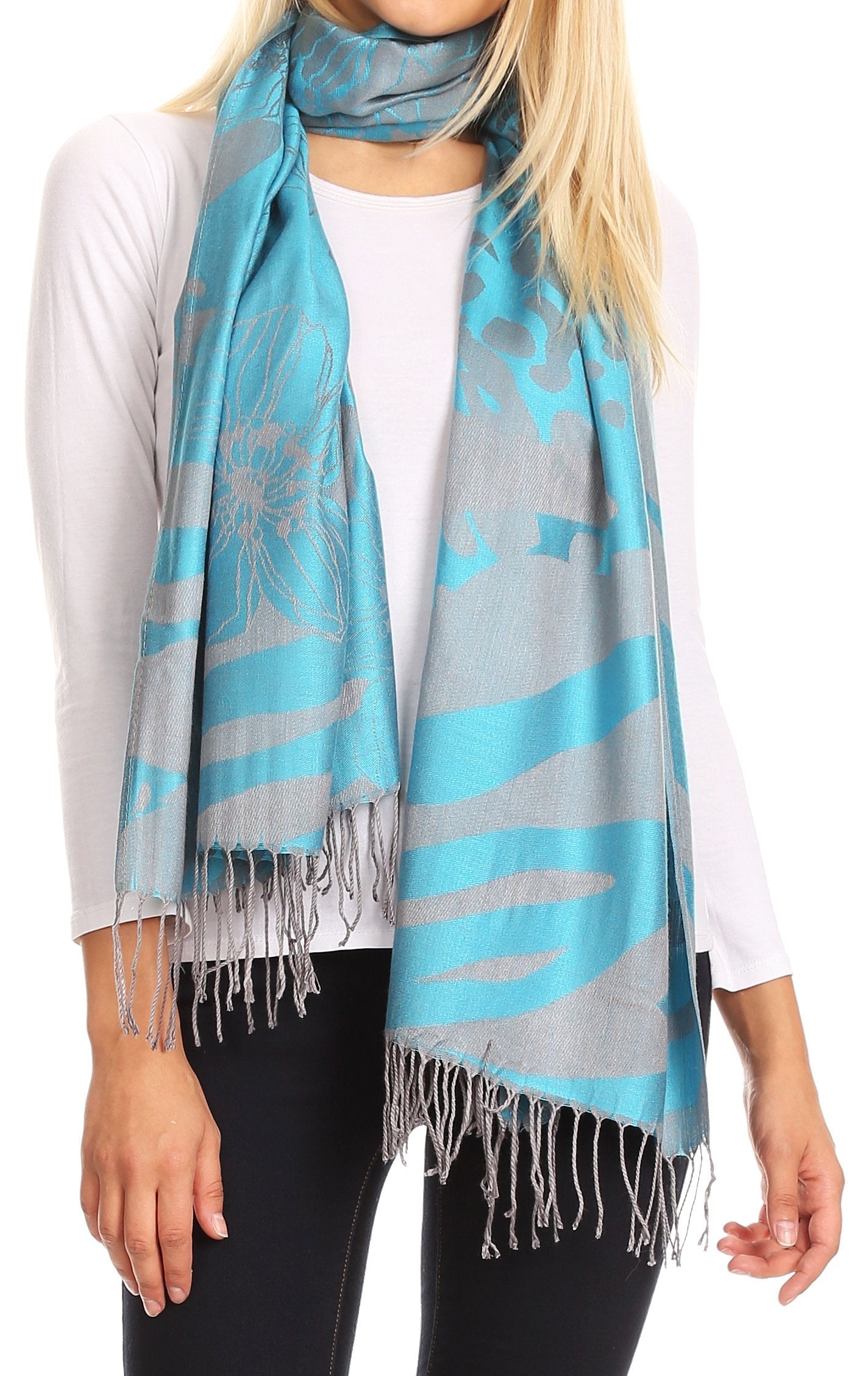 Sakkas Salome Reversible Silky soft Wrap Shawl Scarf with Lovely Floral Brocade - Concordia Style Boutique