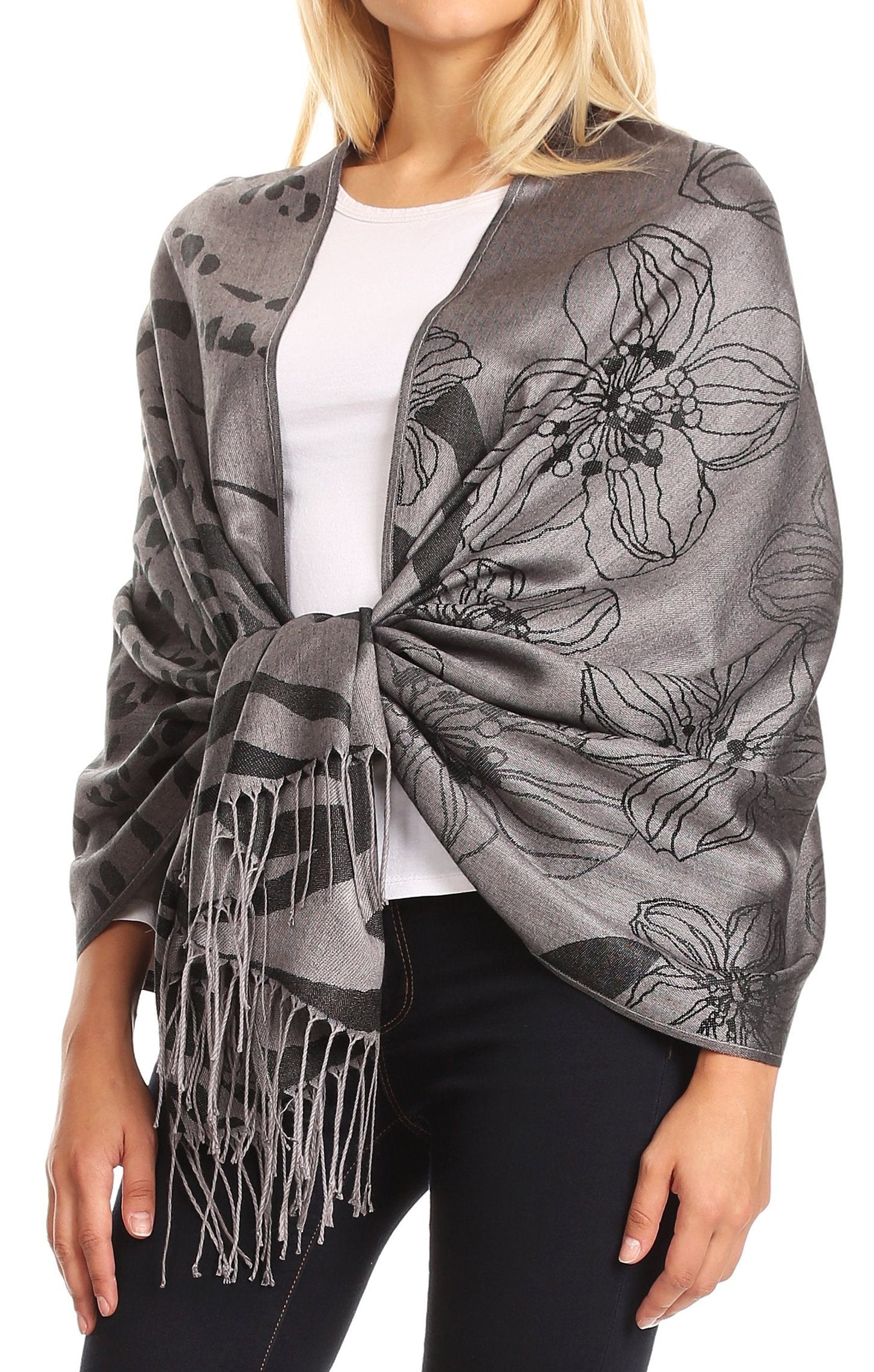 Sakkas Salome Reversible Silky soft Wrap Shawl Scarf with Lovely Floral Brocade - Concordia Style Boutique