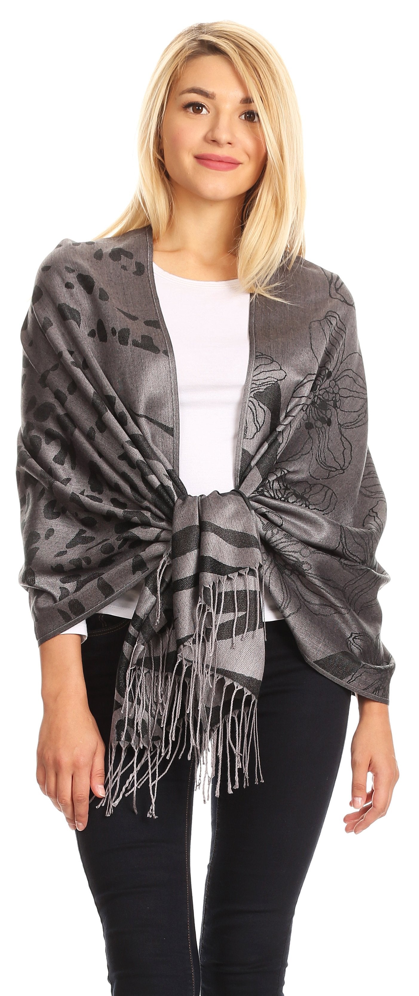 Sakkas Salome Reversible Silky soft Wrap Shawl Scarf with Lovely Floral Brocade - Concordia Style Boutique