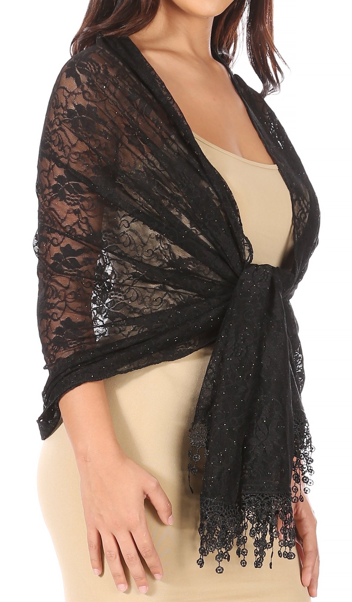 Sakkas Mari Women's Large Lightweight Soft Lace Scarf Wrap Shawl Floral and Fringe - Concordia Style Boutique