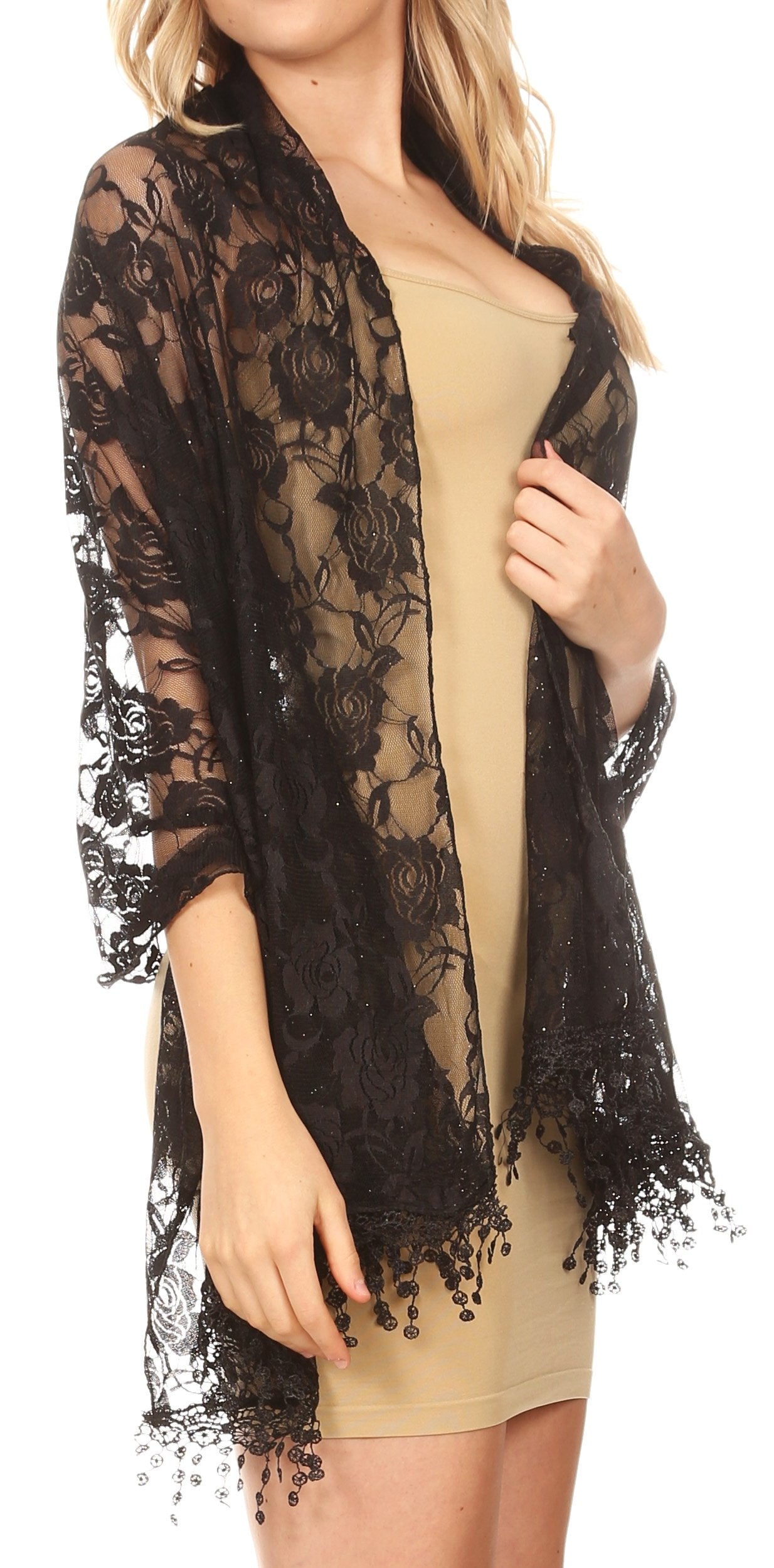 Sakkas Mari Women's Large Lightweight Soft Lace Scarf Wrap Shawl Floral and Fringe - Concordia Style Boutique