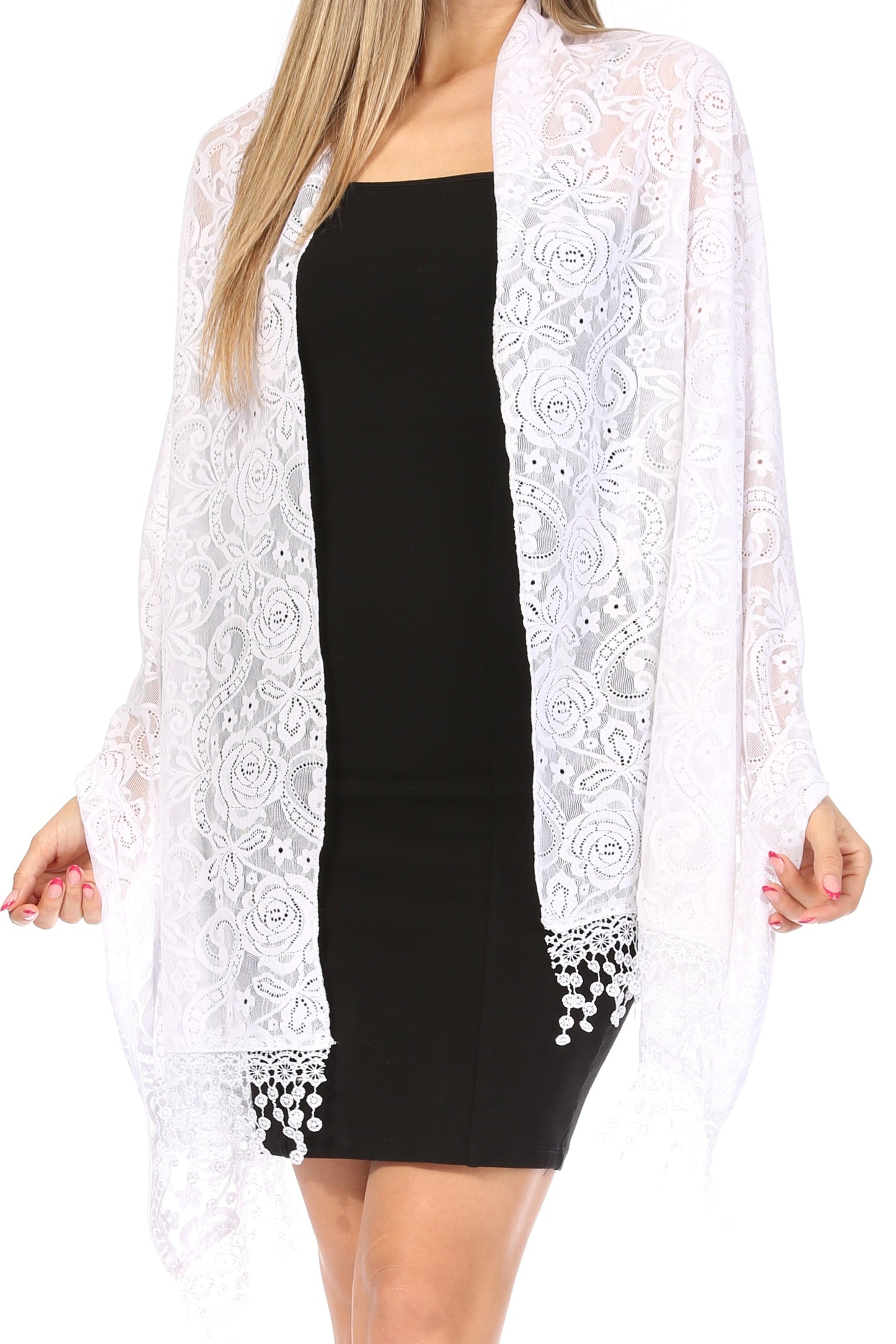 Sakkas Mari Women's Large Lightweight Soft Lace Scarf Wrap Shawl Floral and Fringe - Concordia Style Boutique