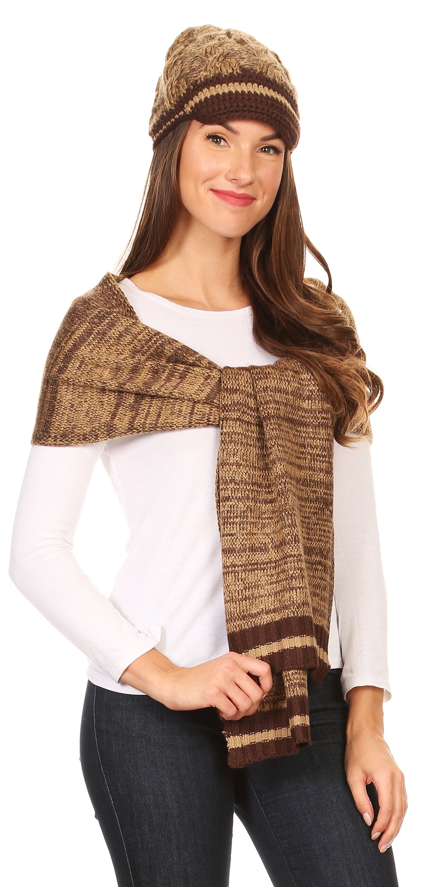 Sakkas Theo Unisex Warm Winter Heather and stripes Knit Hat & Scarf Set - Concordia Style Boutique