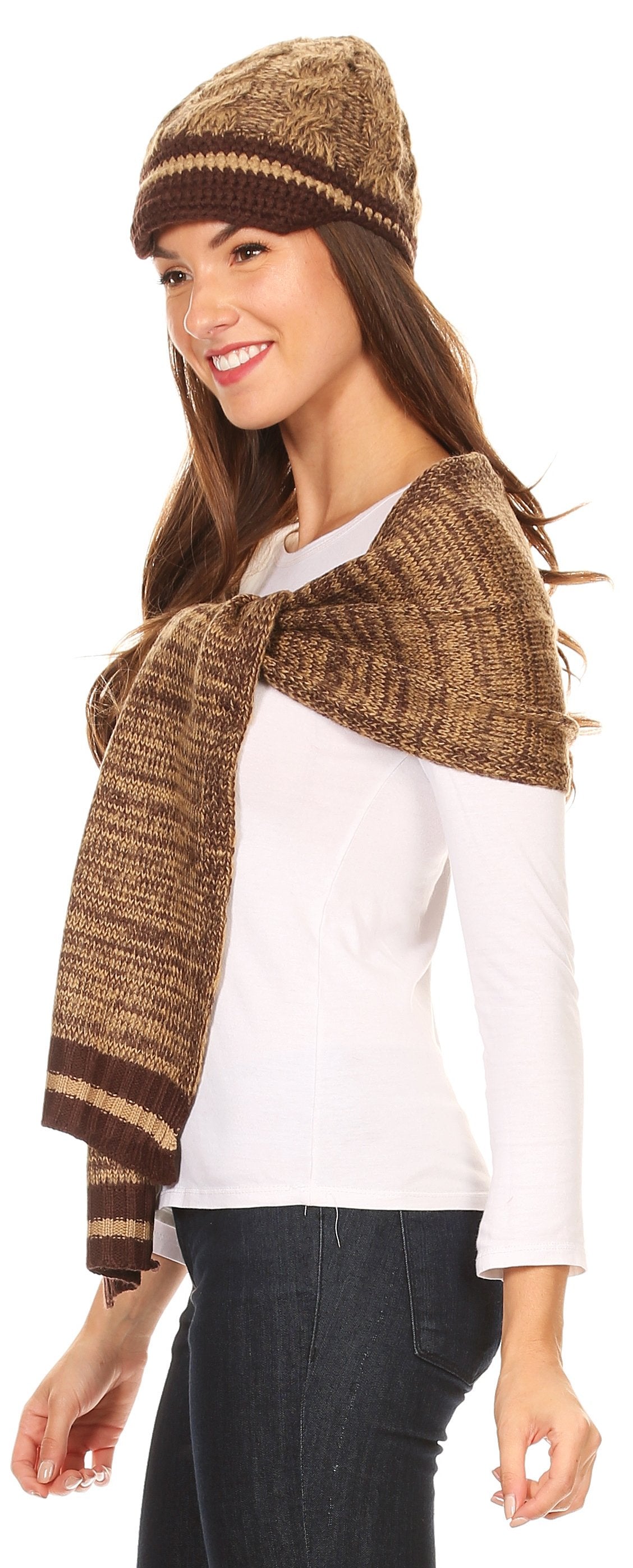 Sakkas Theo Unisex Warm Winter Heather and stripes Knit Hat & Scarf Set - Concordia Style Boutique