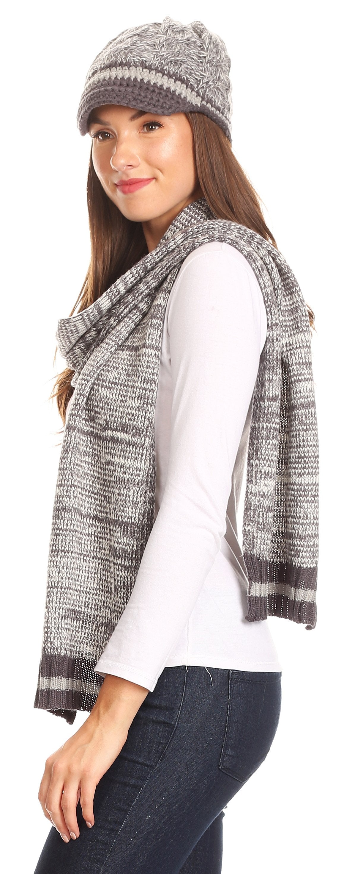 Sakkas Theo Unisex Warm Winter Heather and stripes Knit Hat & Scarf Set - Concordia Style Boutique
