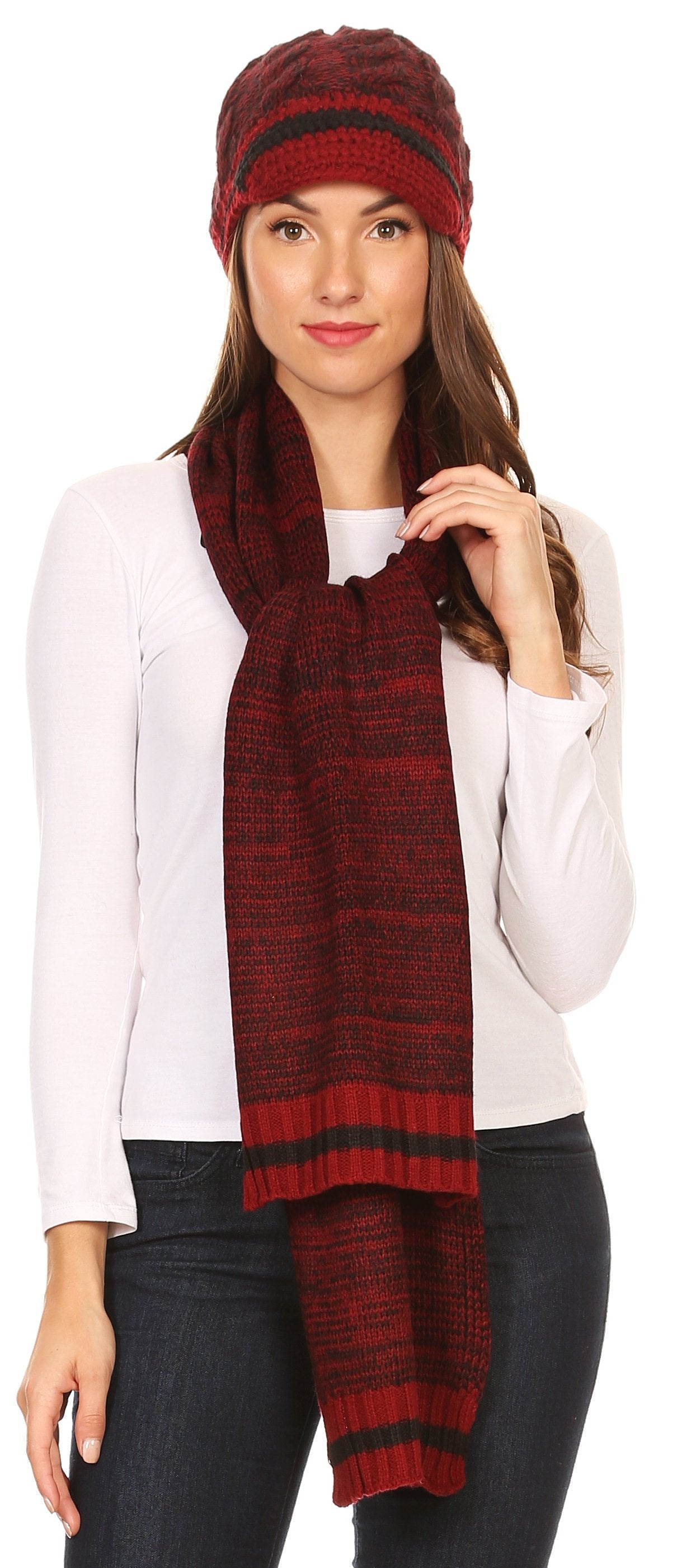 Sakkas Theo Unisex Warm Winter Heather and stripes Knit Hat & Scarf Set - Concordia Style Boutique