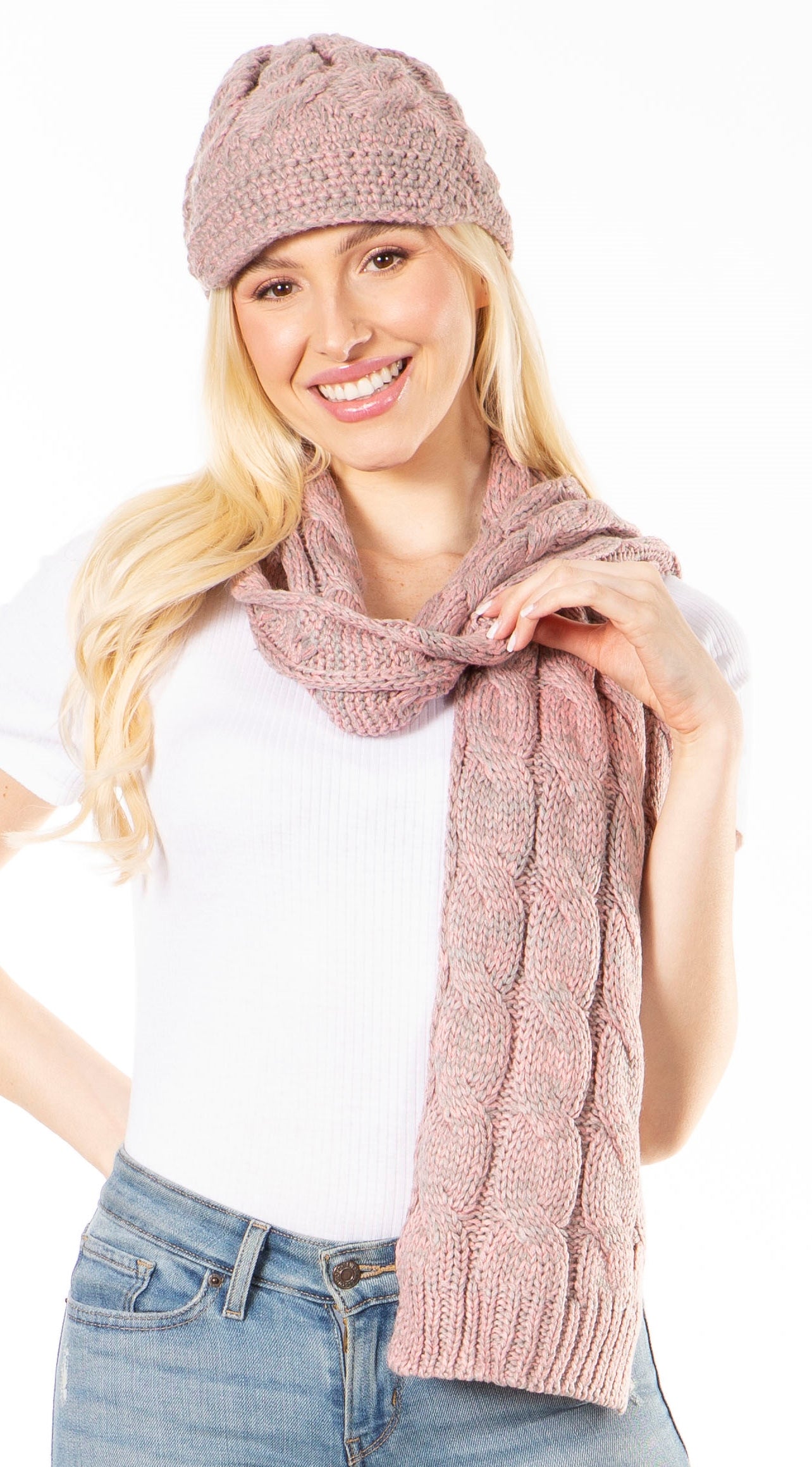 Sakkas Coline Soft Heather Chunky Cable knit Hat and Scarf Set Warm Cozy Winter - Concordia Style Boutique