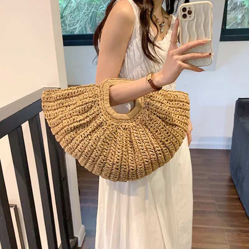 Half Moon Design Basket Beach Straw Bag