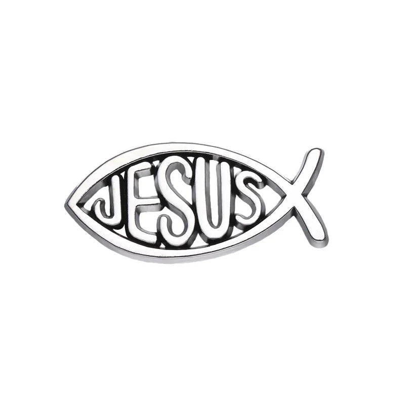 Cartoon Jesus Fish Enamel Pin Silver Jewelry Lapel Sweater Shirt Accessories Gifts