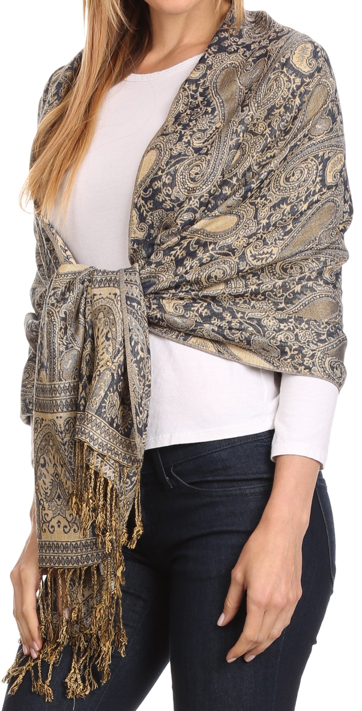 Sakkas Kalin Long Wide Woven Patterned Fringe Tassel Pashmina Shawl / Scarf - Concordia Style Boutique