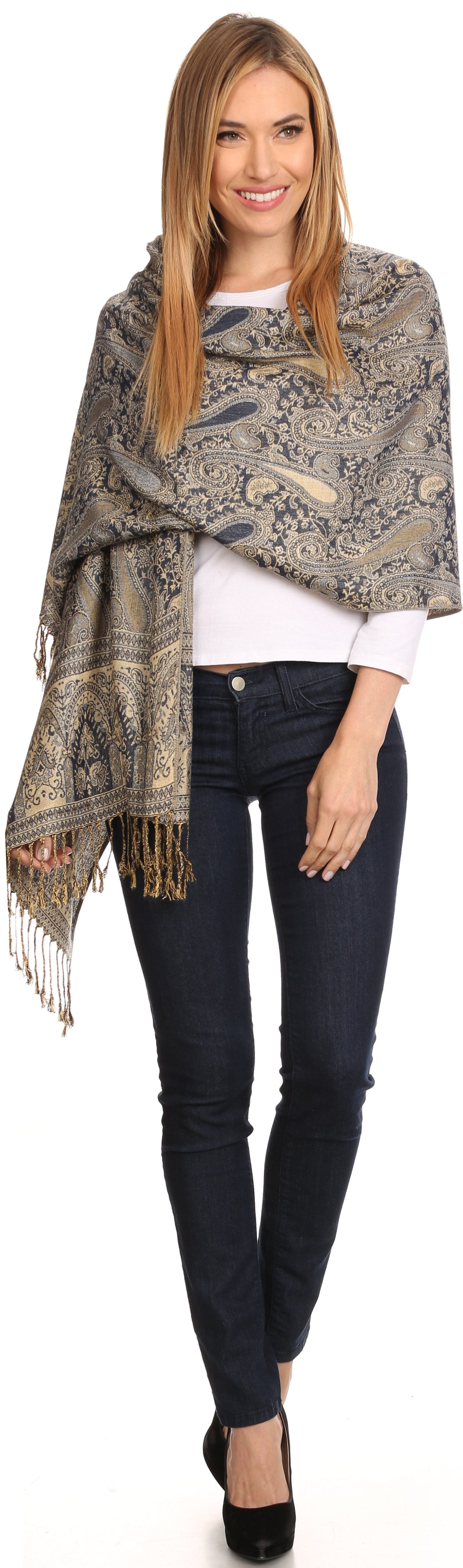 Sakkas Kalin Long Wide Woven Patterned Fringe Tassel Pashmina Shawl / Scarf - Concordia Style Boutique