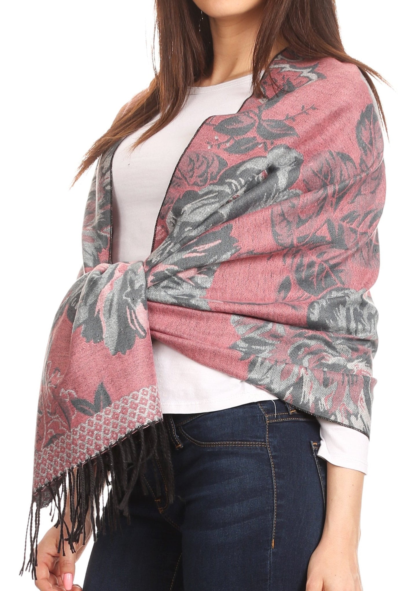 Sakkas Aurora Floral Rose Pashmina Scarf Shawl with Fringe Super Warm Soft Vegan - Concordia Style Boutique