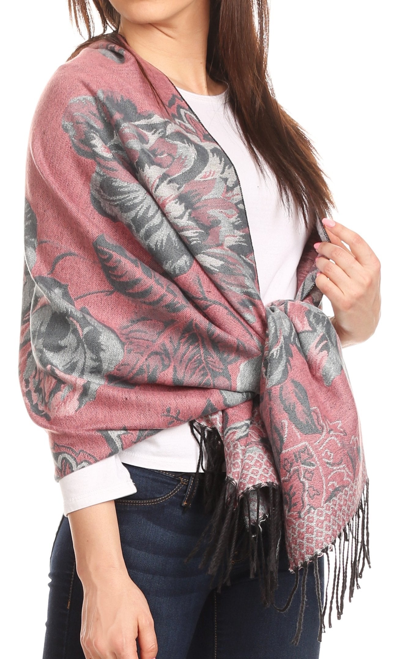 Sakkas Aurora Floral Rose Pashmina Scarf Shawl with Fringe Super Warm Soft Vegan - Concordia Style Boutique