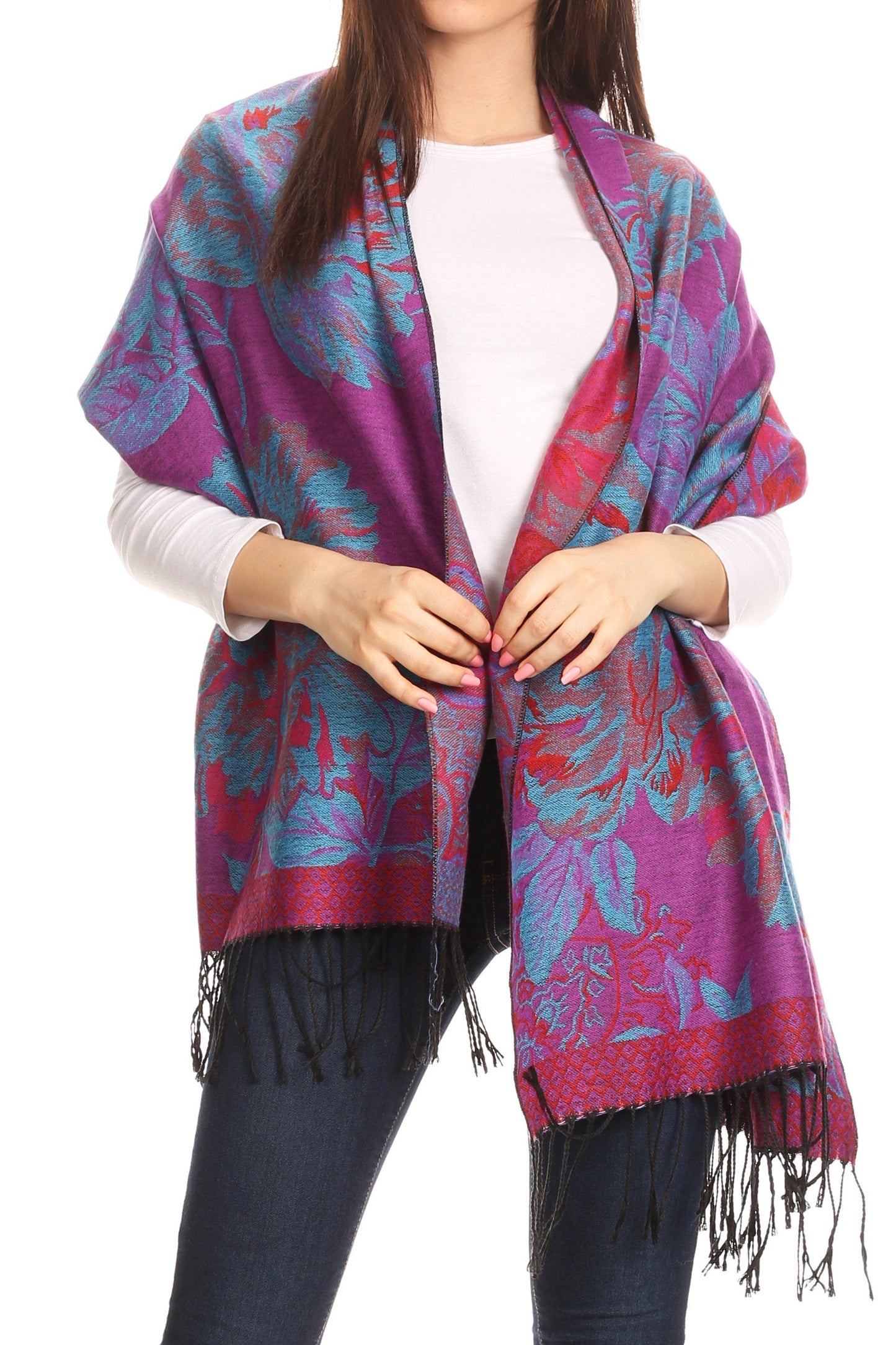 Sakkas Aurora Floral Rose Pashmina Scarf Shawl with Fringe Super Warm Soft Vegan - Concordia Style Boutique
