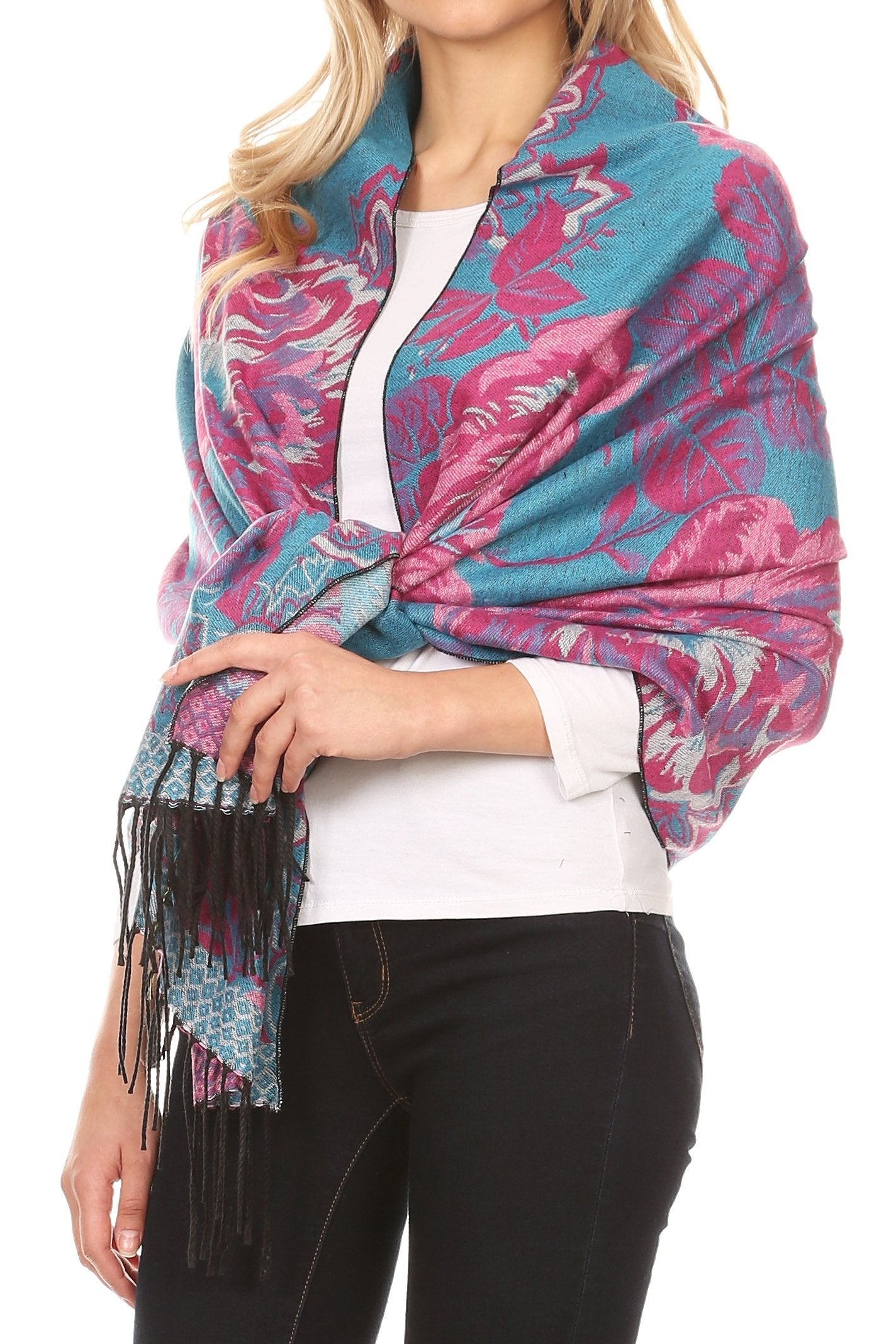 Sakkas Aurora Floral Rose Pashmina Scarf Shawl with Fringe Super Warm Soft Vegan - Concordia Style Boutique