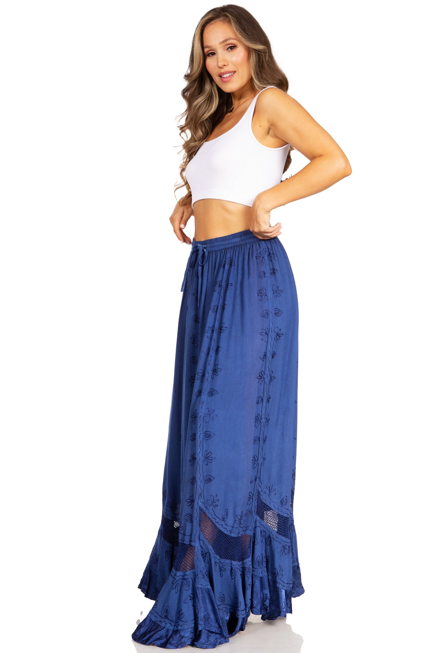 Sakkas Ivy Second Women's Maxi Boho Elastic Waist Embroidered A Line Long Skirt - Concordia Style Boutique