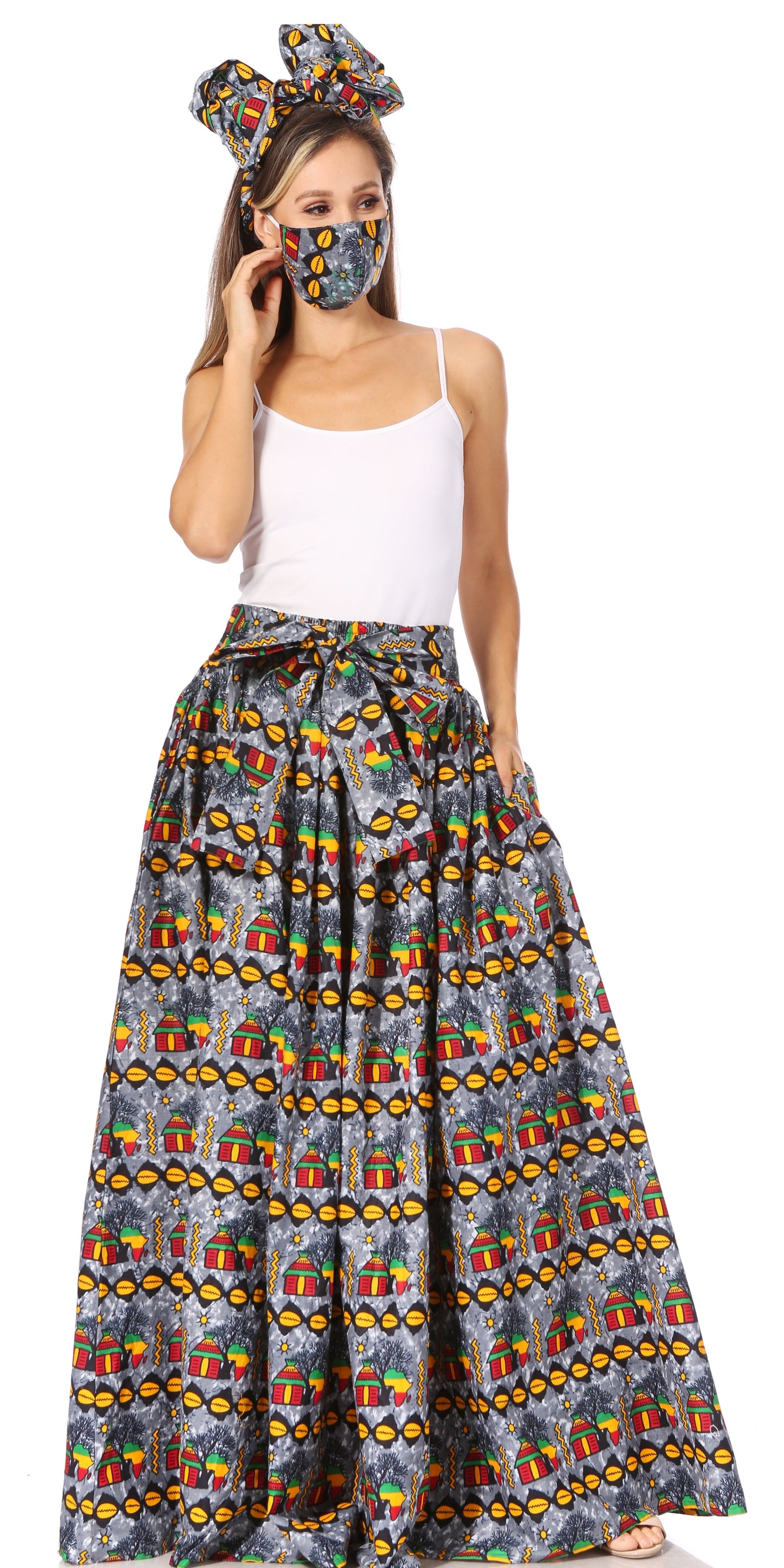 Sakkas Asma's Second Convertible Traditional Wax Print Maxi Skirt with Adjustable Straps - Concordia Style Boutique