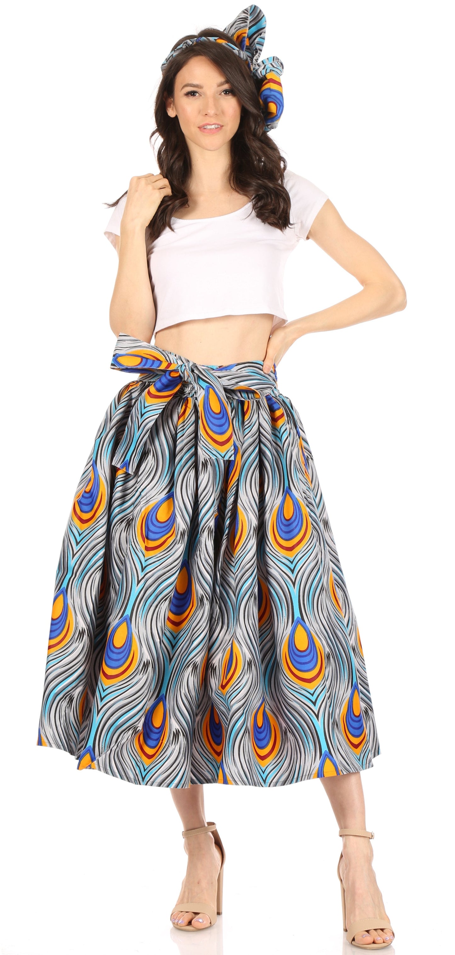 Sakkas Ama Women's Vintage Circle African Ankara Print Midi Skirt with Pockets - Concordia Style Boutique