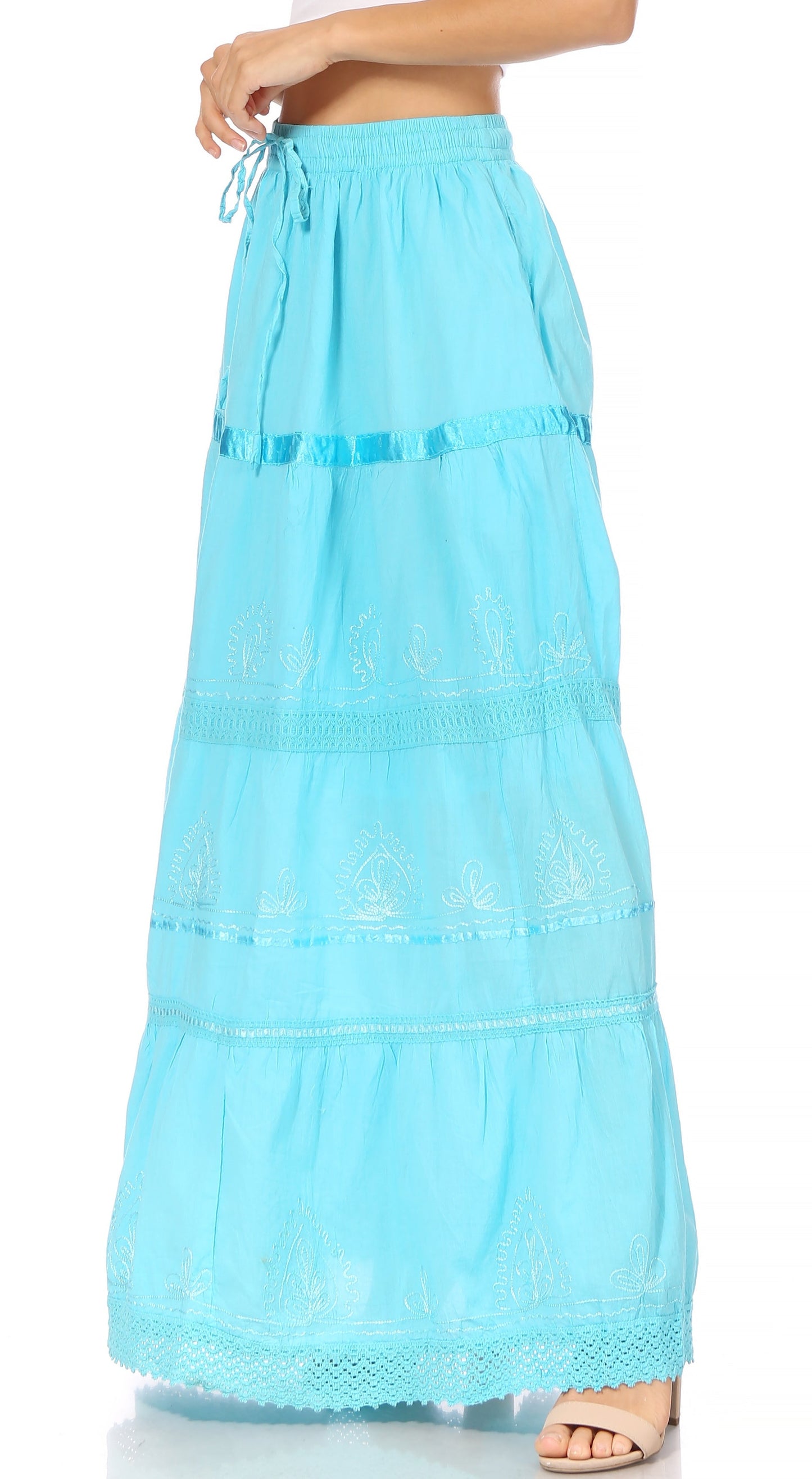 Sakkas Solid Embroidered Gypsy / Bohemian Full / Maxi / Long Cotton Skirt - Concordia Style Boutique