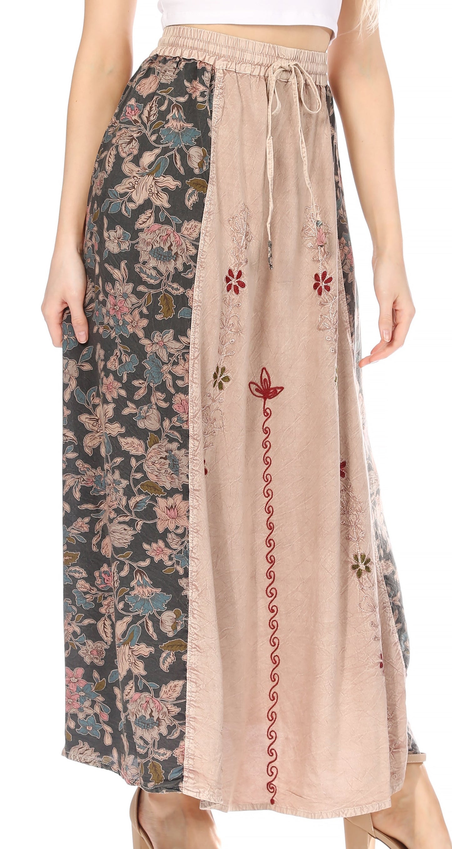Sakkas Maran Women's Boho Embroidery Skirt with Lace Elastic Waist and Pockets - Concordia Style Boutique