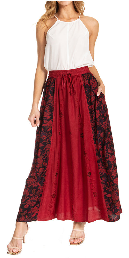 Sakkas Maran Women's Boho Embroidery Skirt with Lace Elastic Waist and Pockets - Concordia Style Boutique