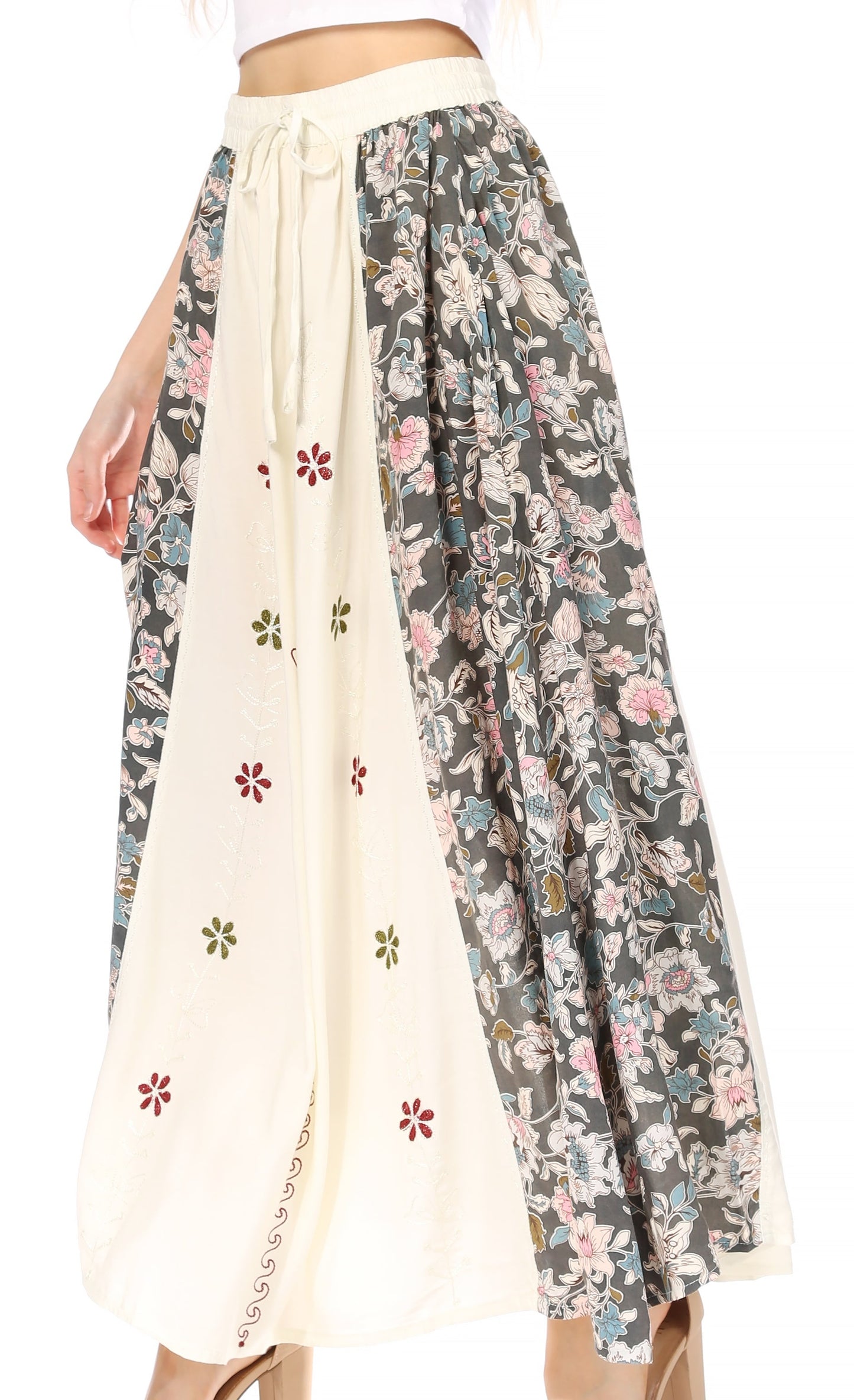 Sakkas Maran Women's Boho Embroidery Skirt with Lace Elastic Waist and Pockets - Concordia Style Boutique