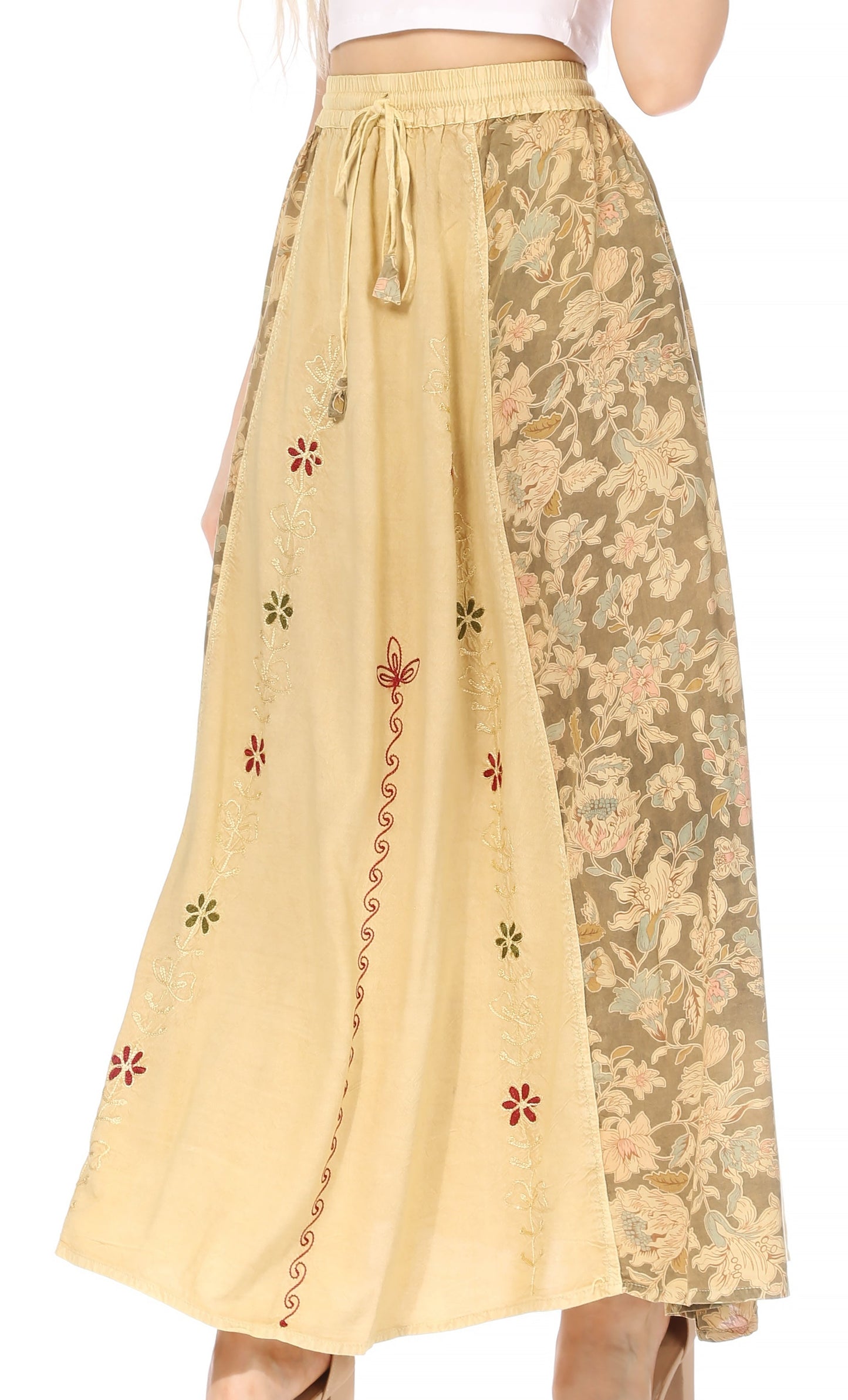Sakkas Maran Women's Boho Embroidery Skirt with Lace Elastic Waist and Pockets - Concordia Style Boutique