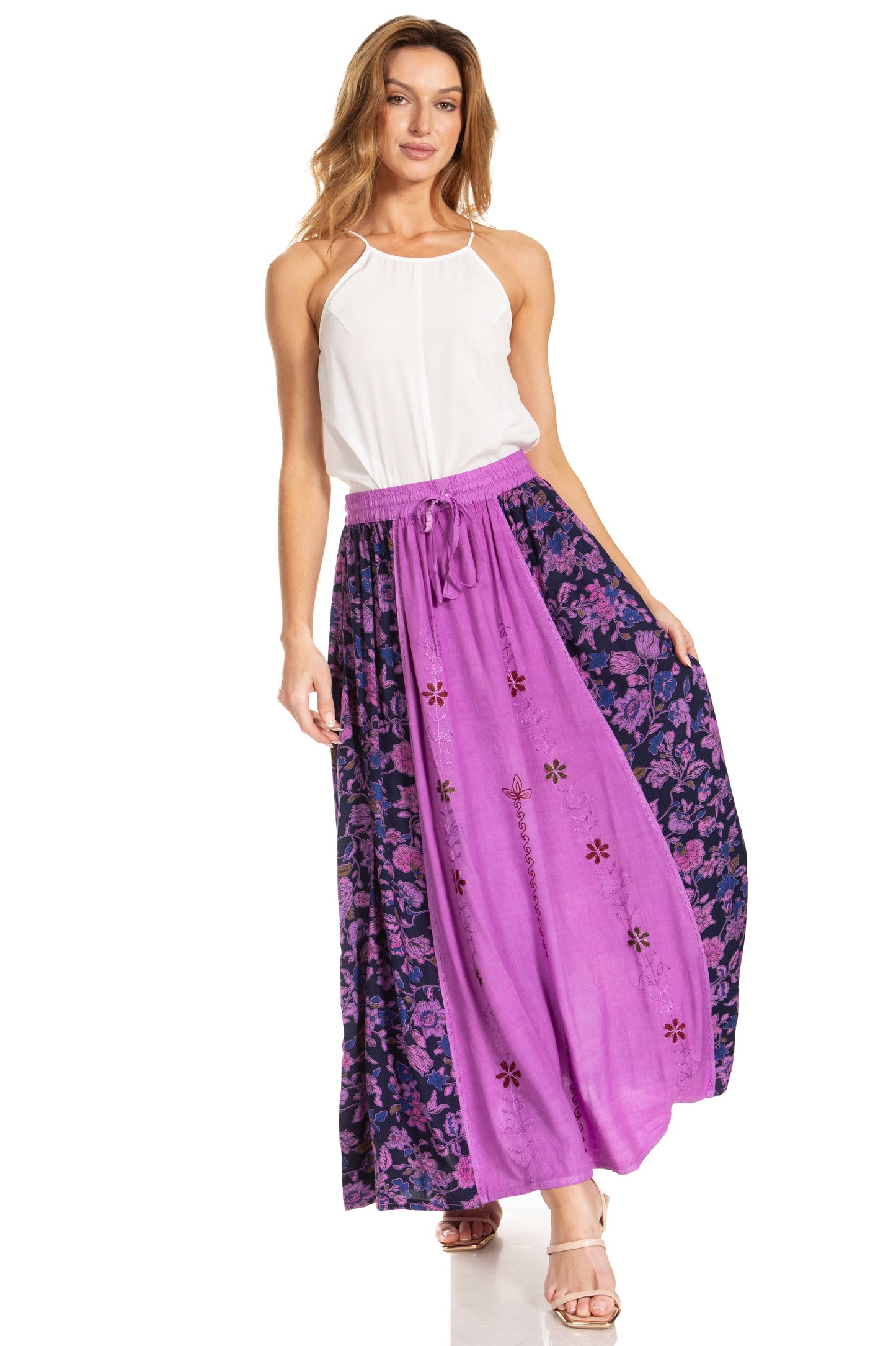 Sakkas Maran Women's Boho Embroidery Skirt with Lace Elastic Waist and Pockets - Concordia Style Boutique