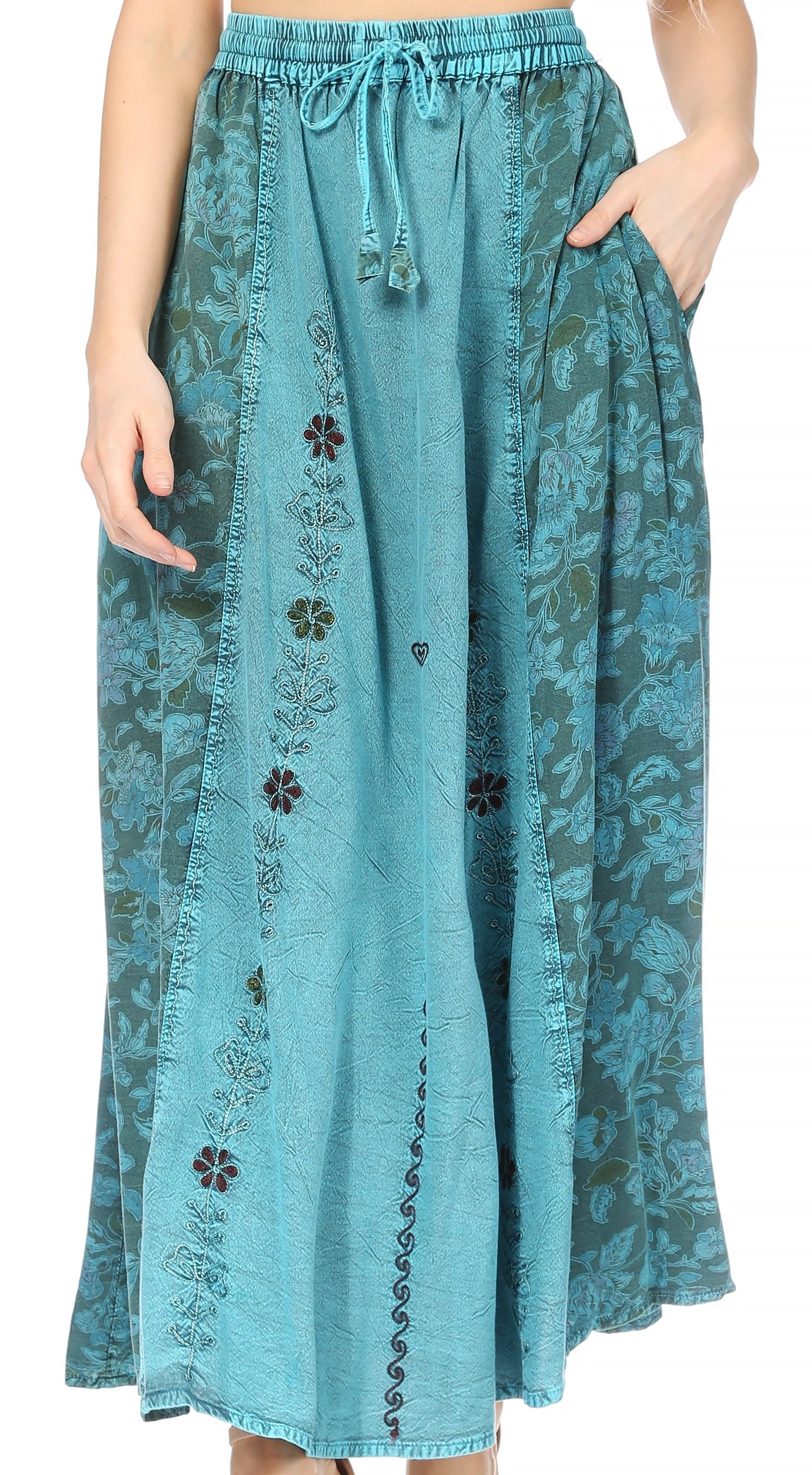 Sakkas Maran Women's Boho Embroidery Skirt with Lace Elastic Waist and Pockets - Concordia Style Boutique
