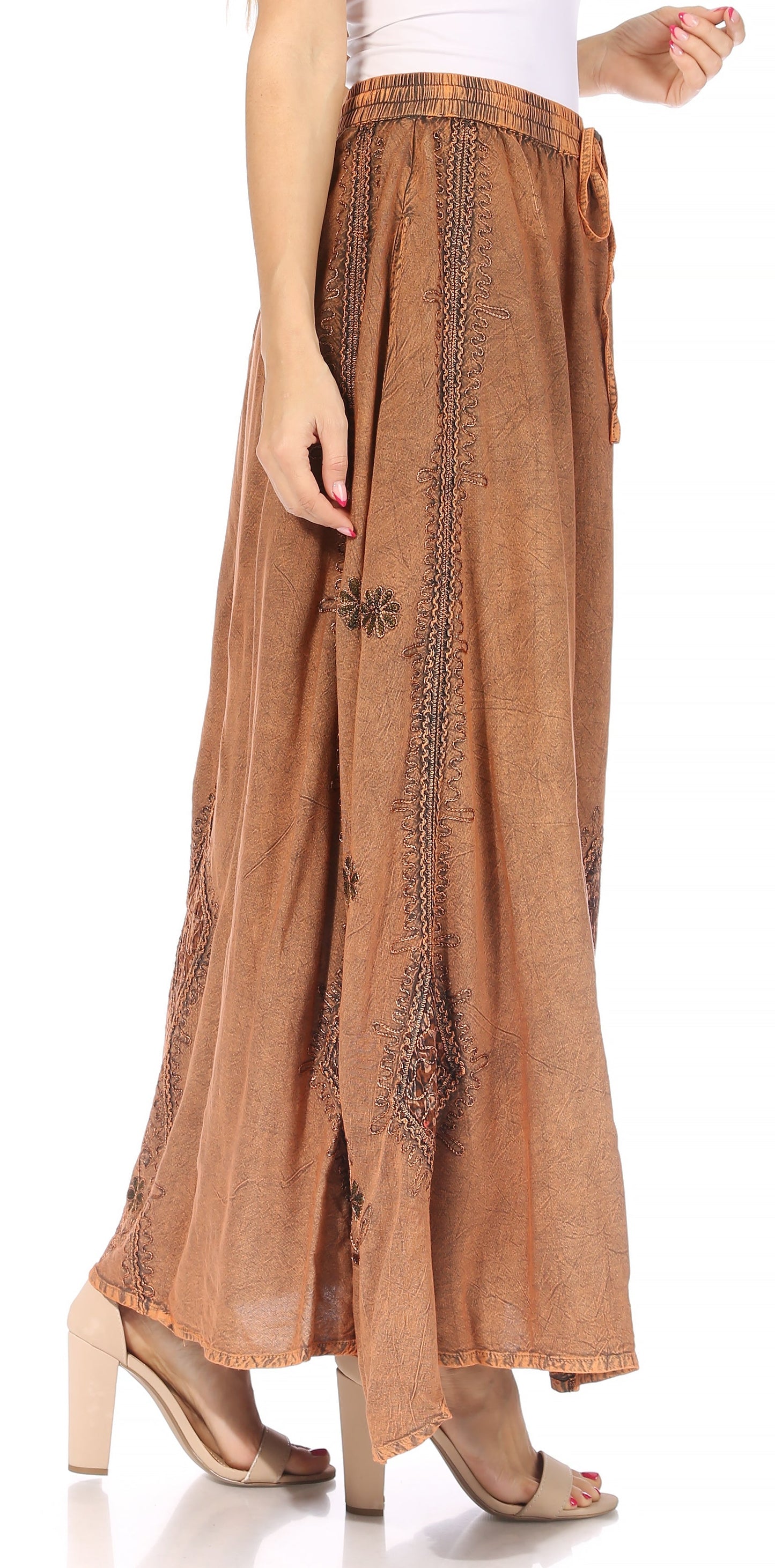 Sakkas Zarah Women's Boho Embroidery Gypsy Skirt with Lace Elastic Waist Pockets - Concordia Style Boutique