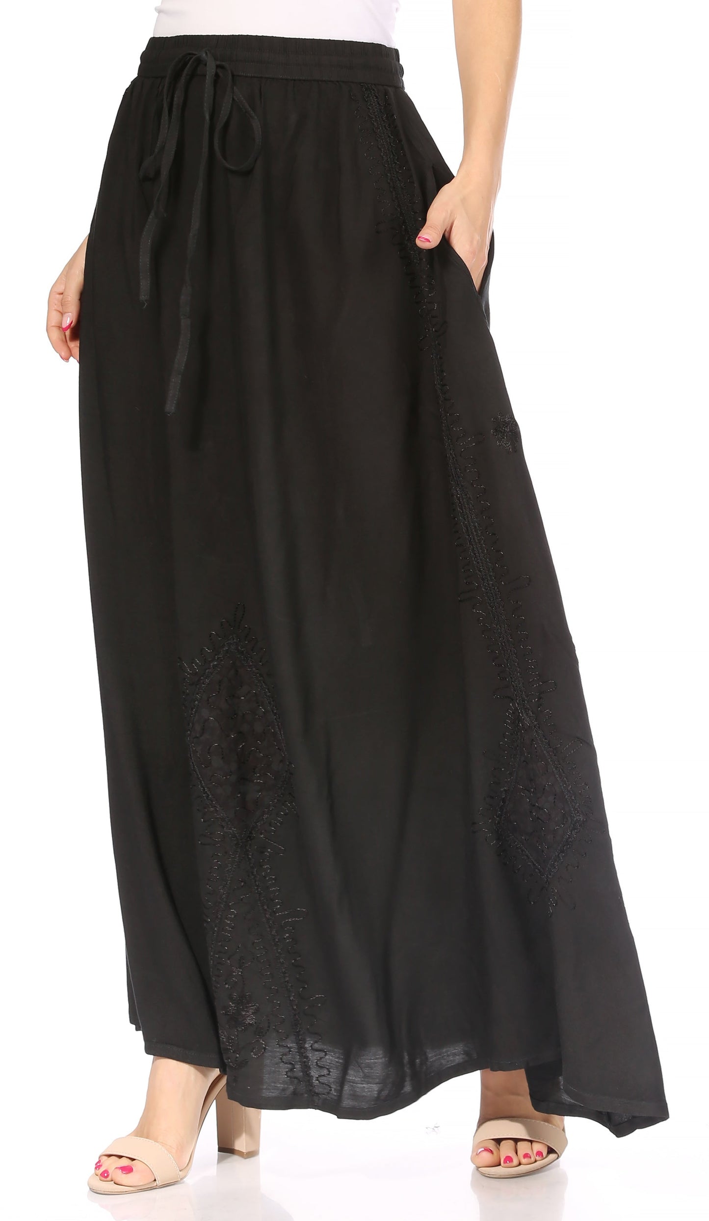 Sakkas Zarah Women's Boho Embroidery Gypsy Skirt with Lace Elastic Waist Pockets - Concordia Style Boutique