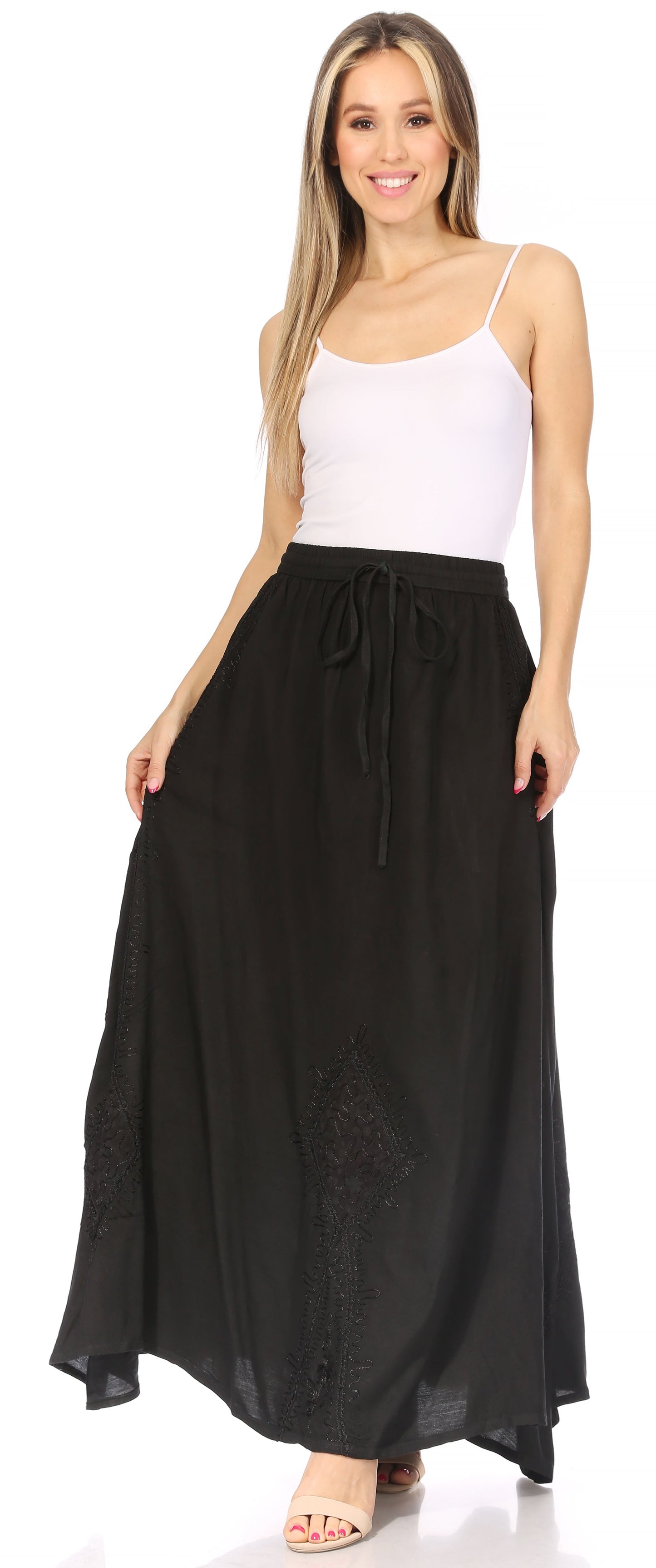 Sakkas Zarah Women's Boho Embroidery Gypsy Skirt with Lace Elastic Waist Pockets - Concordia Style Boutique