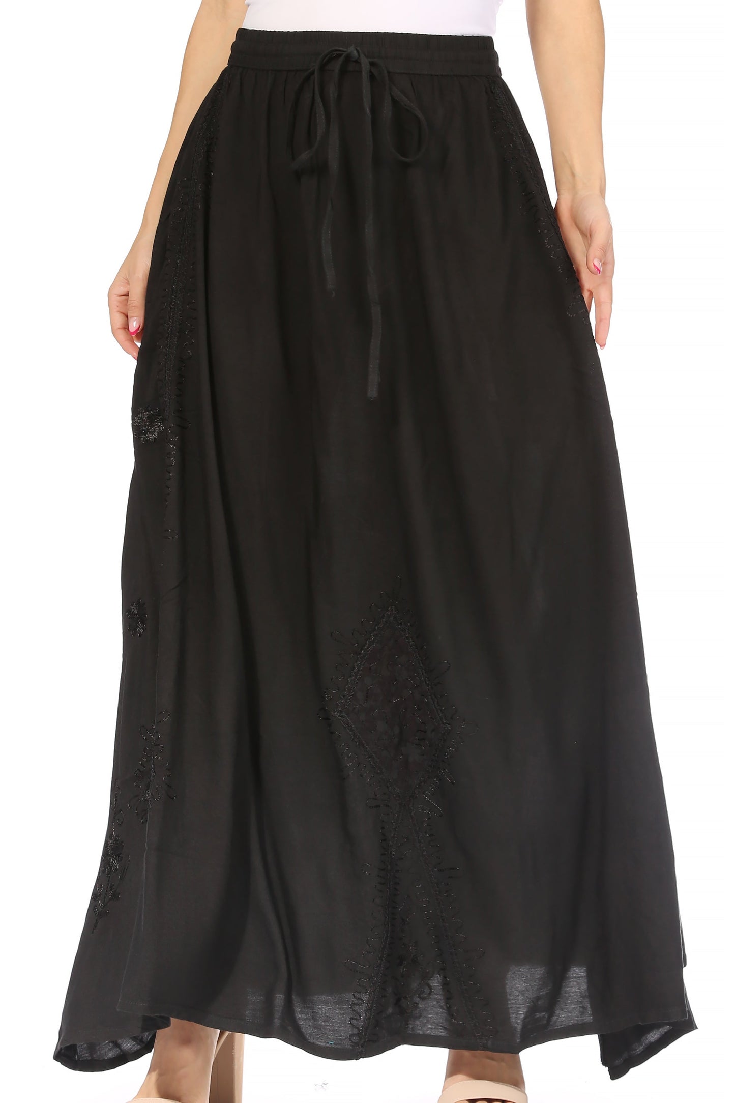Sakkas Zarah Women's Boho Embroidery Gypsy Skirt with Lace Elastic Waist Pockets - Concordia Style Boutique