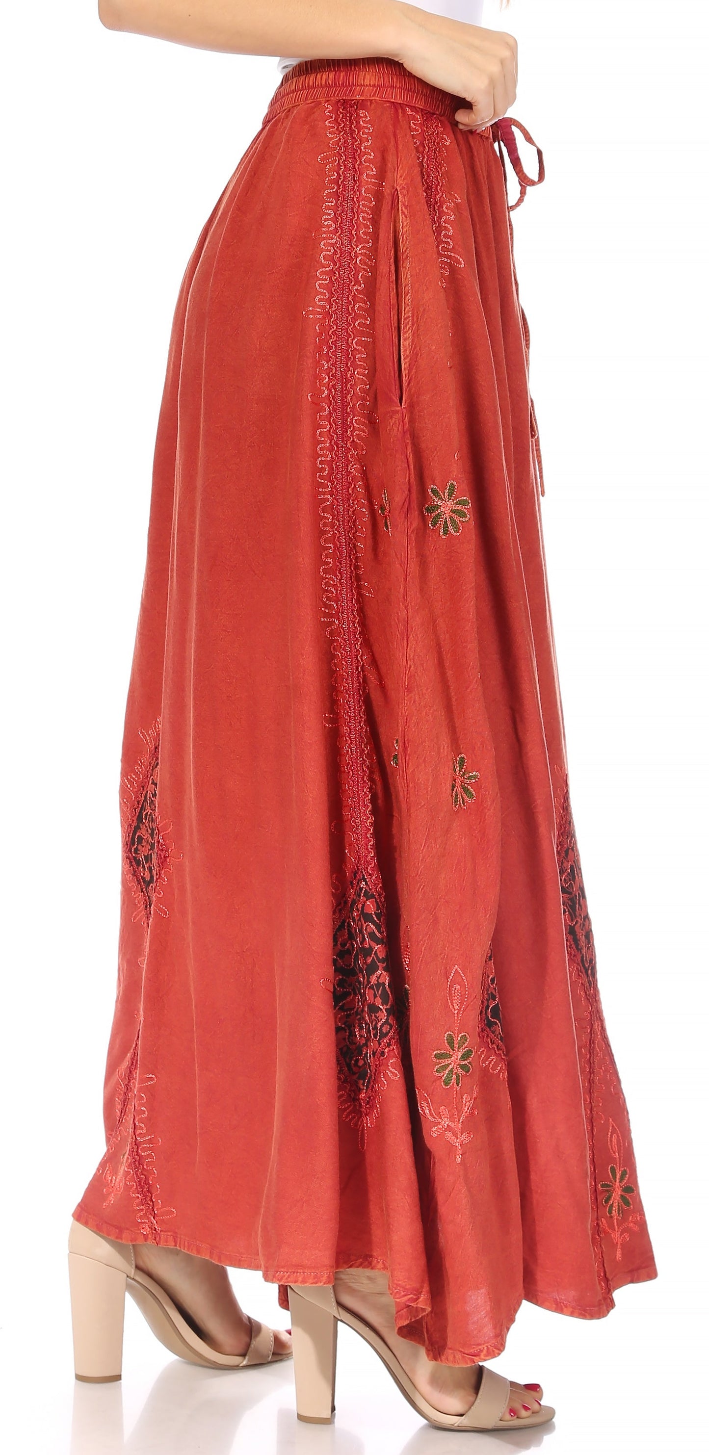 Sakkas Zarah Women's Boho Embroidery Gypsy Skirt with Lace Elastic Waist Pockets - Concordia Style Boutique