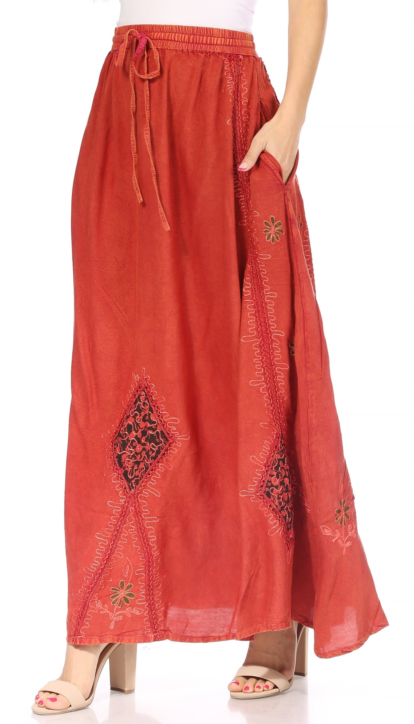 Sakkas Zarah Women's Boho Embroidery Gypsy Skirt with Lace Elastic Waist Pockets - Concordia Style Boutique