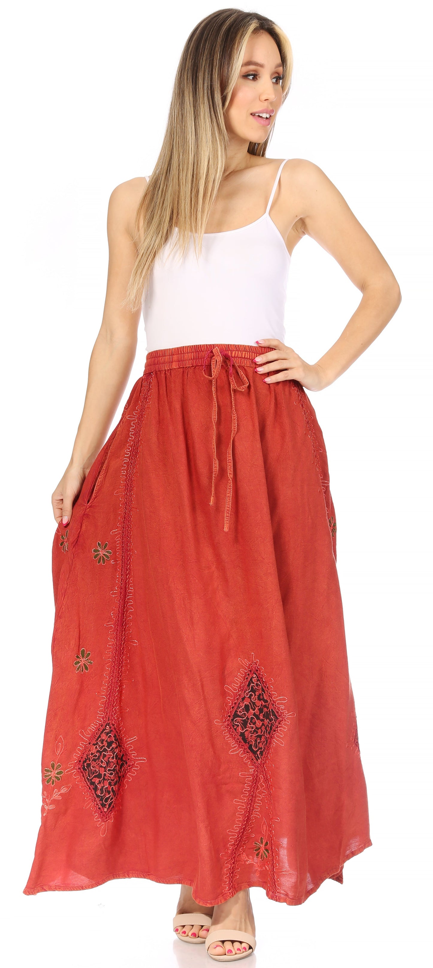 Sakkas Zarah Women's Boho Embroidery Gypsy Skirt with Lace Elastic Waist Pockets - Concordia Style Boutique